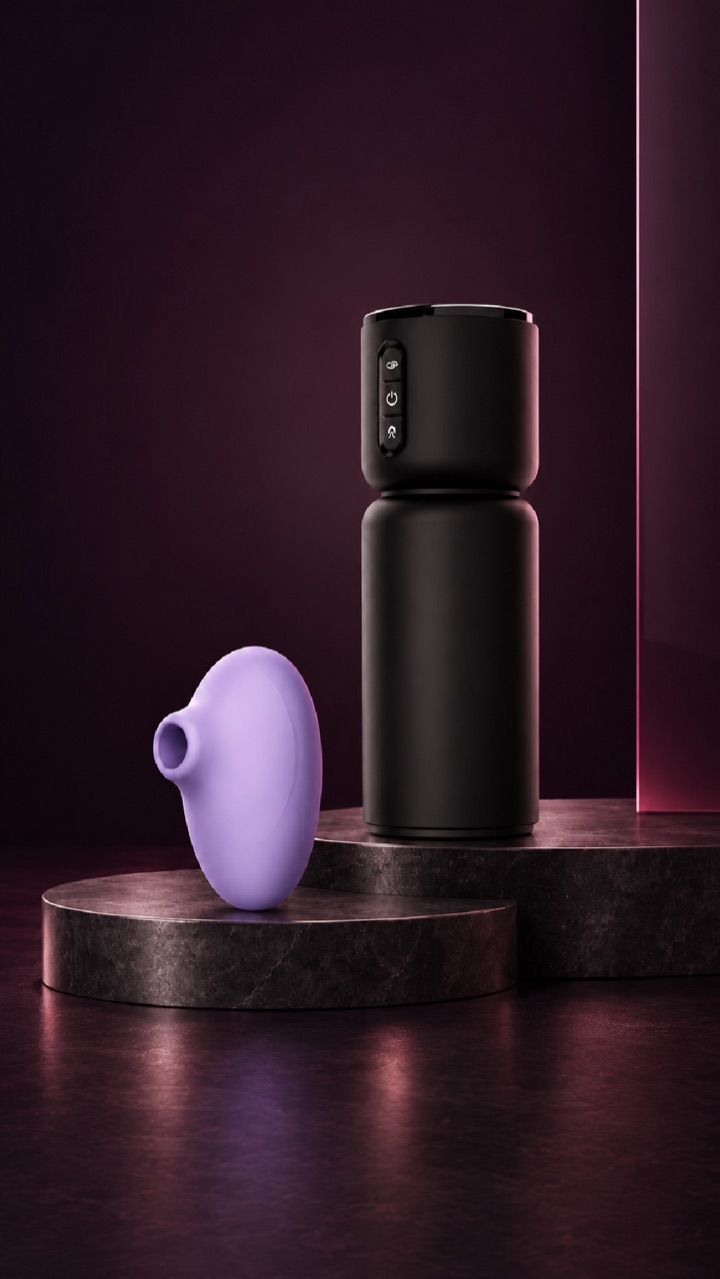 Two unbranded devices on stepped marble plinths, one lilac and one matte black, in low red light.