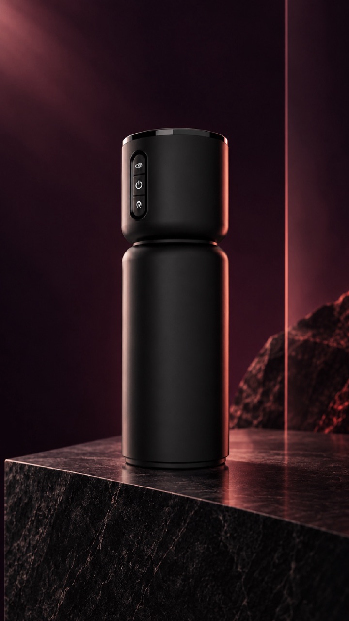 A matte black cylindrical device with three control buttons, standing on a dark marble plinth.